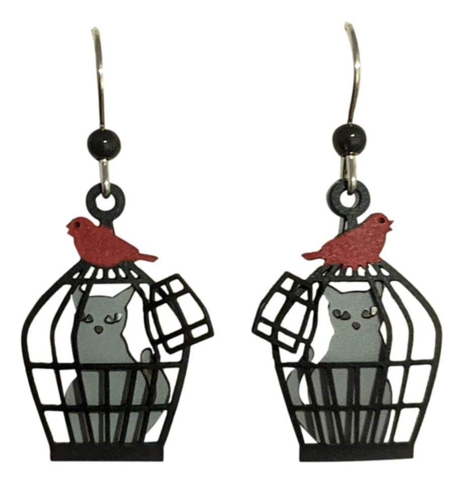 CATO EN JAULA con Pendientes PIRD ROJO, Chapado en Plata de Ley, Sienna Sky Foto 1 de 1