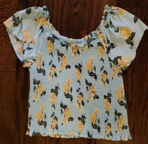 NWOT JUSTICE TOP BLOUSE BLUE FLOWERS ELASTIC OFF THE SHOULDER RUFFLE RUCHED - 12 - Picture 1 of 4