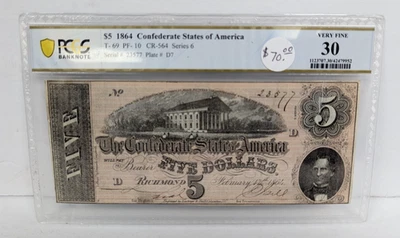 1864 Confederate States Of America $5 Bill PCGS Very Fine 30 - Image 1 of 2