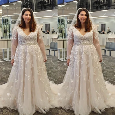 Elegant Wedding Dresses Beaded Long Sleeves V Neck Tulle Lace Bridal Gowns - Image 1 of 4