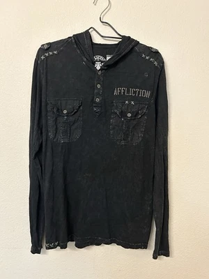 Camisa Affliction Para Hombre Mediana (Ajuste Pequeño) Manga Larga Capucha Botón Gris Estilo Y2K Foto 1 de 4