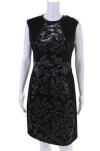 Yoana Baraschi Womens Back Zip Crew Neck Faux Leather Trim Dress Black Size 8 - Picture 1 of 6