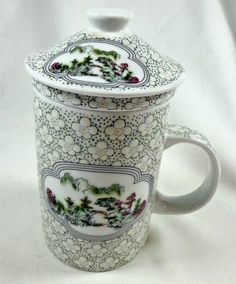 Chinese Porcelain Loose Leaf Tea Infuser Mug w/ Lid - Jasmine Blossom Landscape - Imagem 1 de 4
