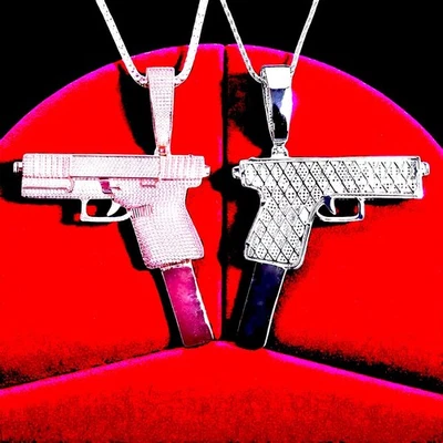 Colgante Iced Out Big Glock para hombre 5A circonita cúbica chapado en oro brillante collar oro rosa 22" Foto 1 de 3