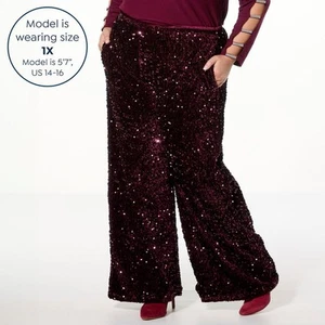 Pantalone Nina Leonard paillettes velluto gamba larga Deep Wine XL nuovo - Foto 1 di 1