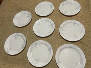 💯Corelle~PINK TRIO~Dinner Plate White Swirl Pink Flowers Blue Gray Rim Set of 8 - Picture 1 of 6