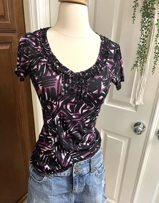 Y2K Ruffle Front Black & Purple Mesh Top S Whimsical Grunge Stretch Whimsygoth - Изображение 1 из 4