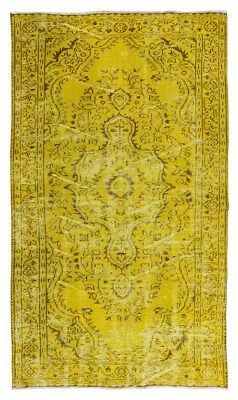 4.5x7.6 Ft Vintage Turkish Wool Rug Over-Dyed in Yellow, Handmade Yellow Carpet - Image 1 of 4