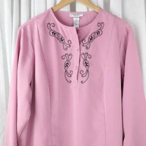 Womens Pink Shirt 20W Blouse Brylane Pink Black Embroidered Button Popover 20 - Picture 1 of 8