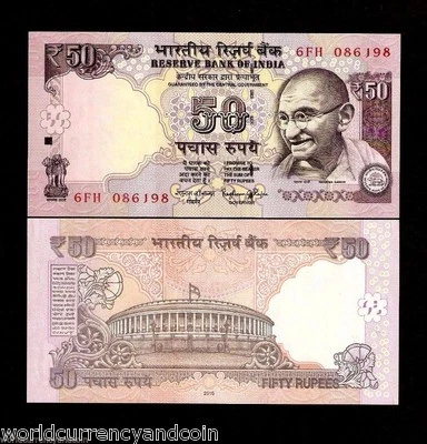 INDIA 50 RUPEES P-104 X 100 Pcs Lot Full BUNDLE GANDHI TIGER PARLIAMENT UNC NOTE - Image 1 of 4