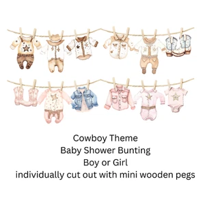 Cowboy Baby Shower Bunting Washing Line Style With Mini Wooden Pegs Boy or Girl - Picture 1 of 19