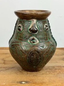 Brazil Etched Artisan Pottery Face Vase Greens and Browns * Marivaldo ? - Picture 1 of 4