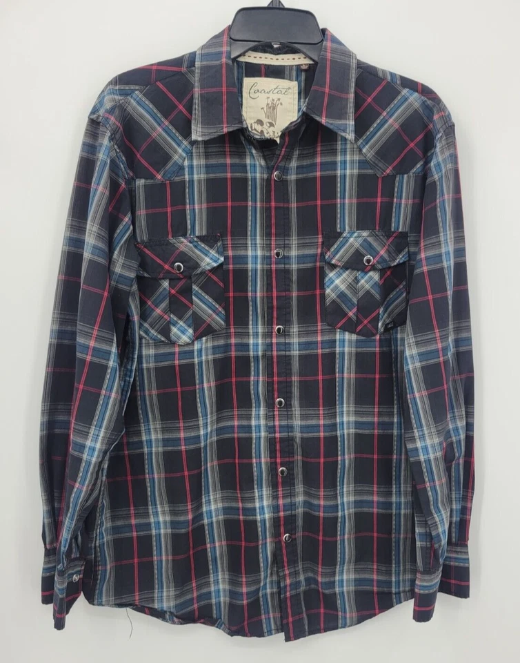 Coastal Shirt Mens Large Black Plaid Pearl Snap Western Rockabilly Rodeo Pockets - Image 1 of 4