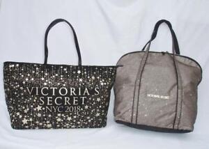 2 Victoria's Secret BAG Black GOLD Travel Weekender Tote Beach Glitter NYC 2018