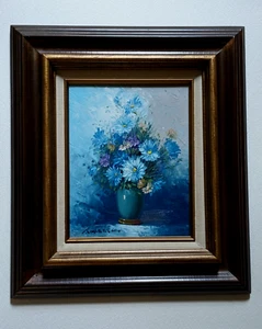 Vintage signiert Robert Cox Original Ölgemälde Blue Daises Bouquet - Bild 1 von 12