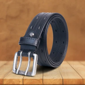 Mens double prong vintage leather belt with Roller buckle 38mm FullGrain Leather - Picture 1 of 32