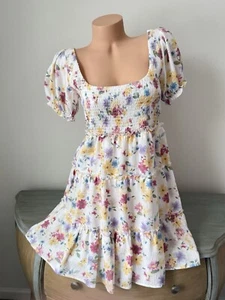 B Smart Floral Mini Dress Sz XXL Juniors Short Puff Sleeve Crepe Tiered Smocked - Picture 1 of 11