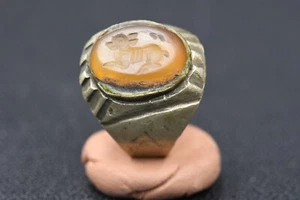 DEER INTAGLIO ANTIQUE RARE ANCIENT ROMAN AGATE STONE SILVER RING AND ANIMAL - Picture 1 of 8