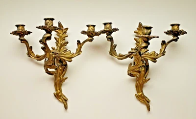 Pair of Antique Bronze Ormolu Three-Arm Sconces Louis XV - Image 1 of 4
