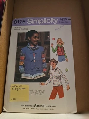 Vtg SIMPLICITY 8126 GIRLS SIZE Medium CHEST 27 PULLOVER TOP & VEST PATTERN Uncut - Image 1 of 2