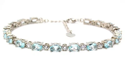 Brazalete Tenis Ajustable Plata Aguamarina y Diamantes 7.86ct (Caja Gratis) Foto 1 de 4