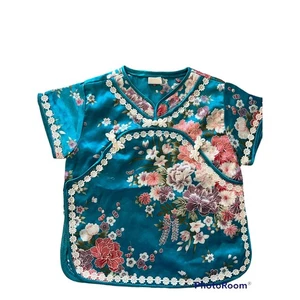 Girls Blue Silk Floral Print Kimono top 5 - Picture 1 of 7
