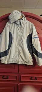 Columbia Size Medium Coat Gray Blue Accents  Hiod Zip Pockets Fleece Lined EUC - Picture 1 of 5