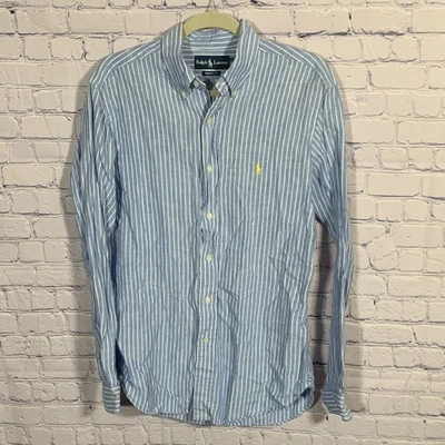 Ralph Lauren Para Hombres Lino Calce Clásico Rayas Abotonadas Azul Blanco Talla M Preppy Foto 1 de 4
