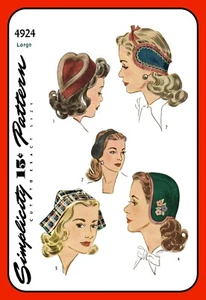 Ladies Hat Pattern 4924 Helmet, Heart Shaped Pill Box, Earmuff Vtg 1944 Size Lg - Picture 1 of 5