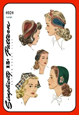 Ladies Hat Pattern 4924 Helmet, Heart Shaped Pill Box, Earmuff Vtg 1944 Size Lg - Image 1 of 4