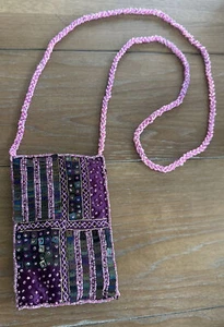 Purple Boho Beaded Sequins Crossbody Bag Purse Small Essentials Cell Phone ID - Picture 1 of 8