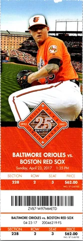 TICKET - Baltimore Orioles vs Boston Red Sox (April 23 2017) Kevin Gausman Cover