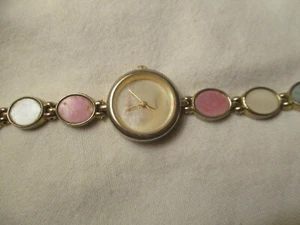 Bonjour Wristwatch Round White Face Gold Toned Colorful Pastel Bracelet Band - Picture 1 of 12