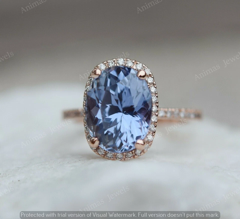 Anel de noivado 3 CT corte oval simulado azul tanzanita halo folheado a ouro rosa 14K - Imagem 1 de 1