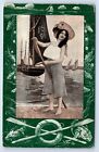 Postcard - Beautiful Lady in Front of Sailboat Fishing Border Nautical Oars