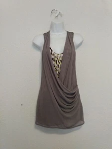 Simply Vera Damen grau transparent gerafft seitlich Lagenlook ärmellos Print Top Gr. S - Bild 1 von 6