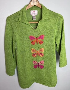 Quacker Factory 90s Womens Green Crochet Butterfly Beaded Applique Sweater Sz M - Picture 1 of 9