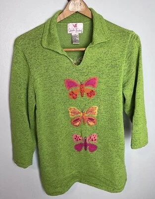 Quacker Factory 90s Womens Green Crochet Butterfly Beaded Applique Sweater Sz M - Image 1 of 4
