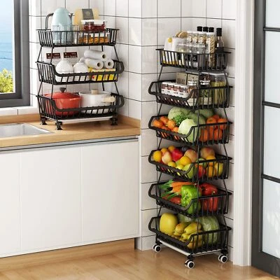Metal Wire Baskets with Wheels Stackable Storage Bins Kitchen Organizer Shelf - Image 1 of 4