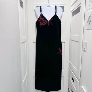 Vtg 90's Delicates Maxi Dress Black Velvet Witchy Vamp Goth Halloween Red Rose - Picture 1 of 11