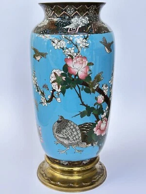 Sublime ancien GRAND VASE EMAUX CLOISONNES JAPON MEIJI (1868-1912) OISEAUX 34cm - Photo 1/4