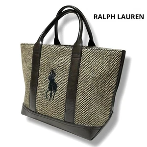 Ralph Lauren Tote Bag Herringbone Leather Brown Beige Horse Logo - Picture 1 of 12