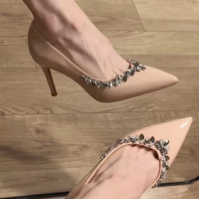 Womens Pointed Rhinestone High Stiletto Heel Pump Shoes Ladeis Party Satins Sexy - Image 1 of 4