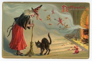 Halloween Tucks Witch Little Red Devils Black Cat Antique Postcard - Picture 1 of 2