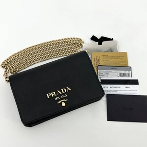 Prada Saffiano Gold Logo Chain Crossbody Bag 1BP006 140029446 - Picture 1 of 7