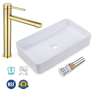 Rectangle Bathroom Countertop Vessel Sink & Gold Mixer Faucet Set w/Pop Up Drain - Picture 1 of 11
