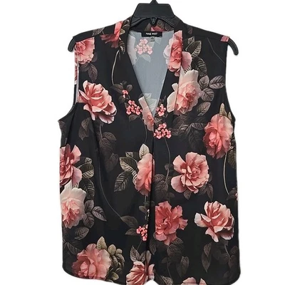 Blusa Nine West Talla 2X Sin Mangas Cuello en V Gasa Negra con Rosas Rosas Foto 1 de 4