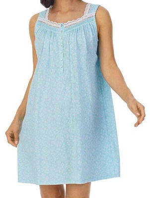 Nwt $64 EILEEN WEST Aqua/White DAISIES 100% Cotton Knit Sleeveless Nightgown S - image 1 of 4