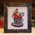 Prim Folk Art Embroidered Stitchery Vintage Applique Bird On Teacups Framed