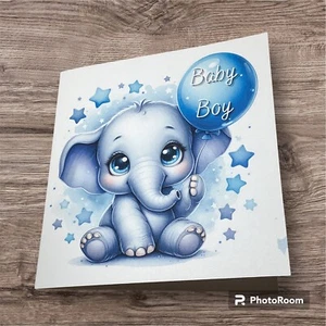 Baby Boy Greeting Card. 5x5 Inches Elephant Stars HM - Picture 1 of 2